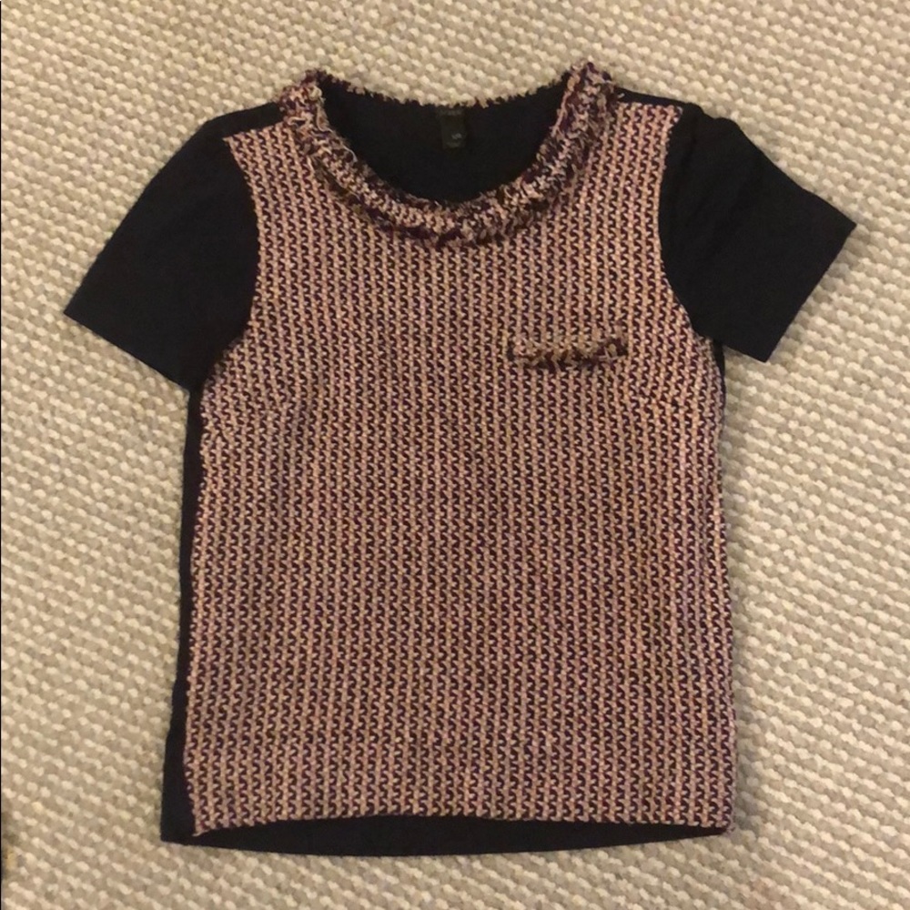 J Crew tweed front short sleeve navy top